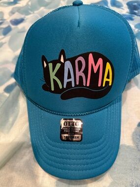 OTTO Turquoise Trucker Hat with Black Cat and Multicolor KARMA Letters